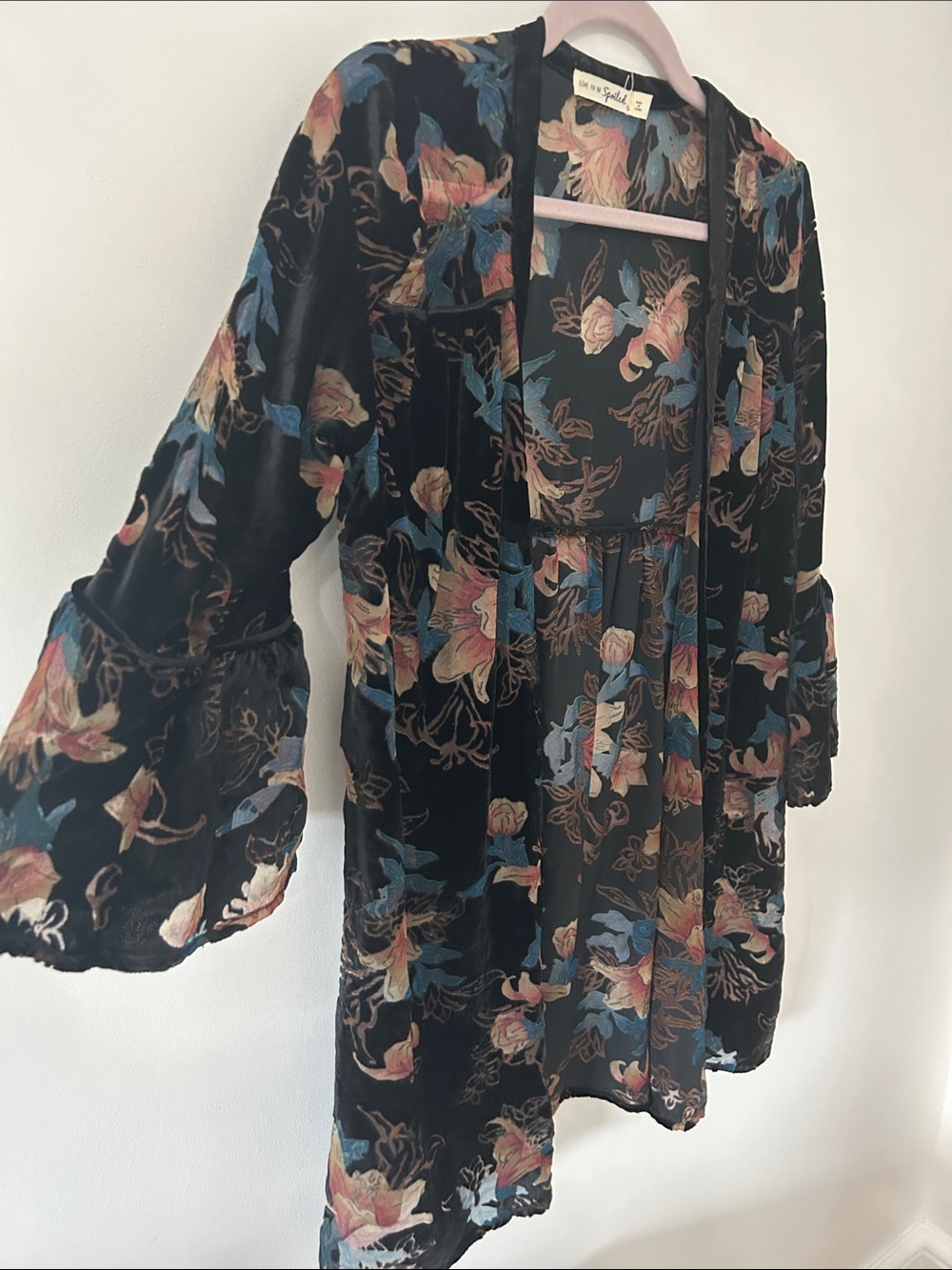 Lived to be Spoiled Floral Velvet Burnout Dark Romantic Kimono Robe Ruffle Cuffs
